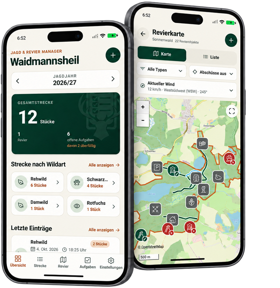Jagd & Revier Manager mit persönlicher Übersicht und Revierkarte auf zwei Smartphones.